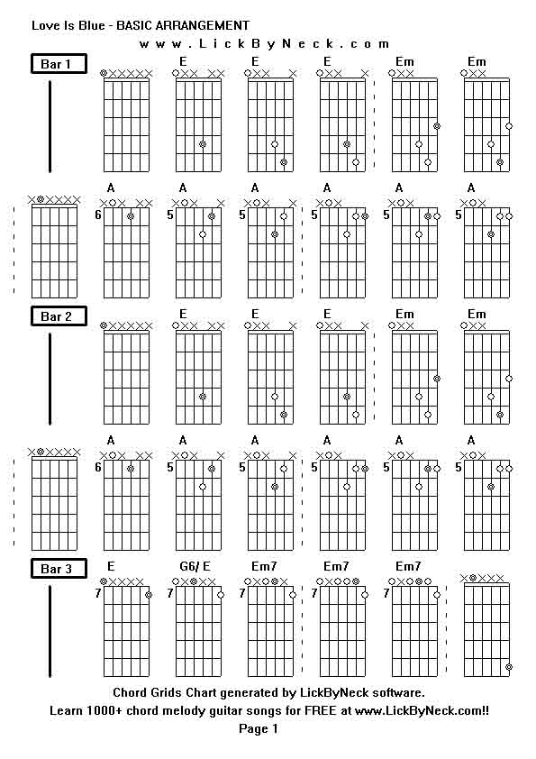 Chord Grids Chart of chord melody fingerstyle guitar song-Love Is Blue - BASIC ARRANGEMENT,generated by LickByNeck software.